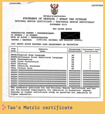 Matric Certificate of Tao Boyle, FoondaMate co-founder