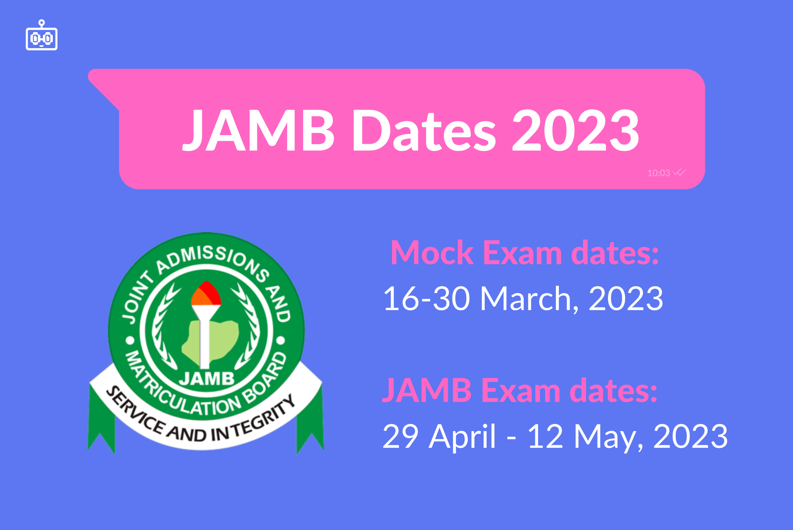 When is JAMB 2023? These are the dates for the 2023 JAMB exams. Mock Exam dates: 16-30 March 2023 JAMB Exam dates: 29 April - 12 May, 2023