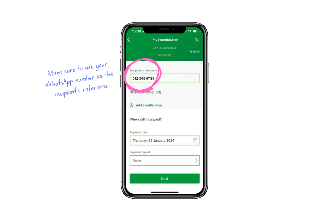 How to pay FoondaMate via Nedbank use your WhatsApp number as reference